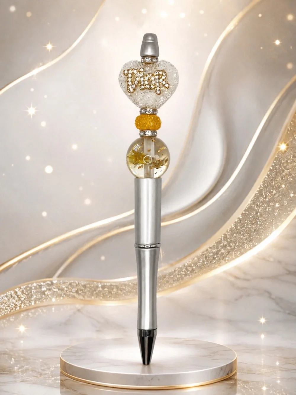 Golden Heart Sparkle Beaded Pen